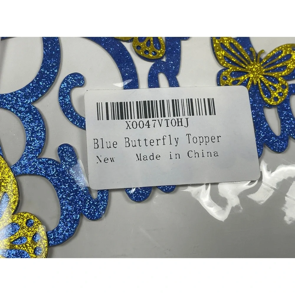 Blue Butterfly Happy Birthday Cake Topper Set Glitter Party Decorations